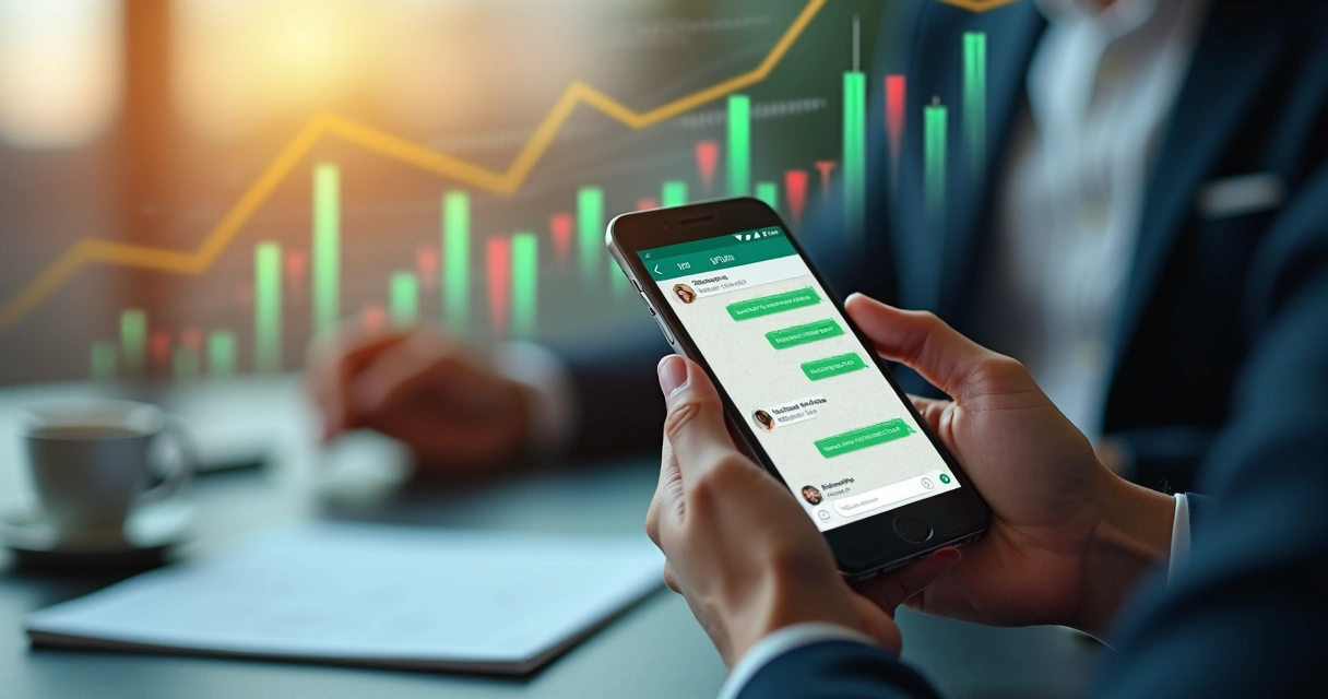 Pessoa segurando celular com tela aberta no WhatsApp, gráficos de números subindo ao fundo 