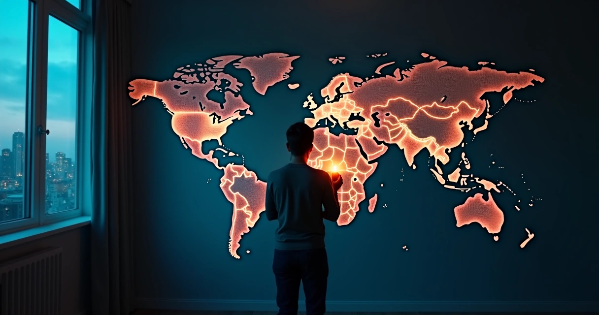 Pessoa observa mapa-múndi noturno com vela acesa nas mãos 