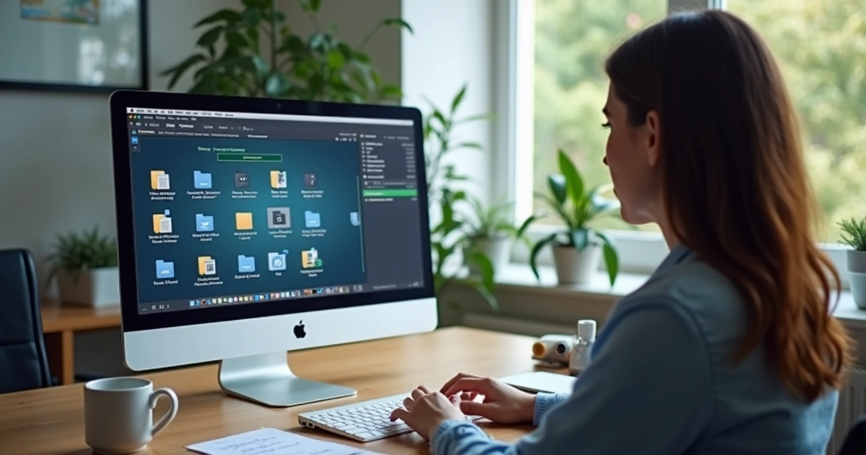 Pessoa conferindo pastas de backup no computador e em HD externo 