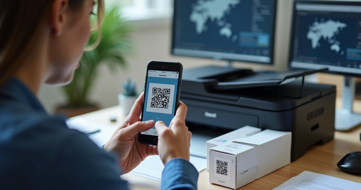 Pessoa escaneando QR code em cartucho de impressora 