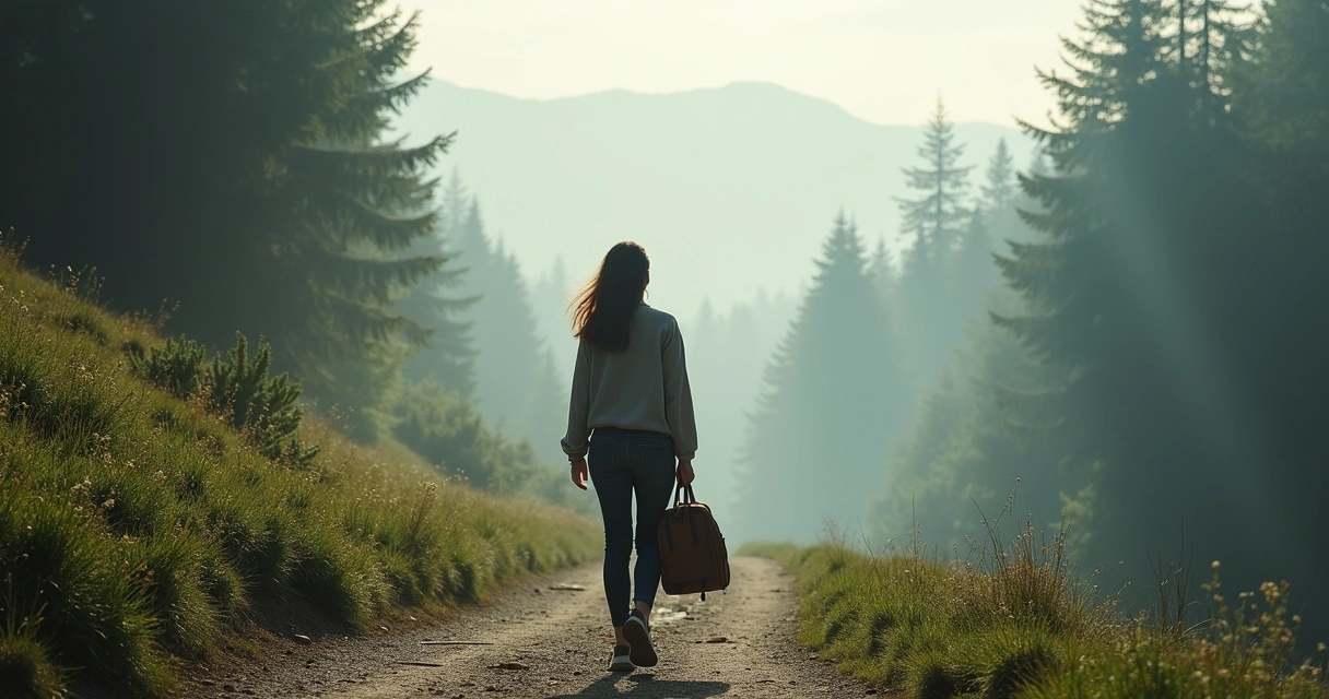 Pessoa caminhando sozinha em uma paisagem natural, parecendo reflexiva. 