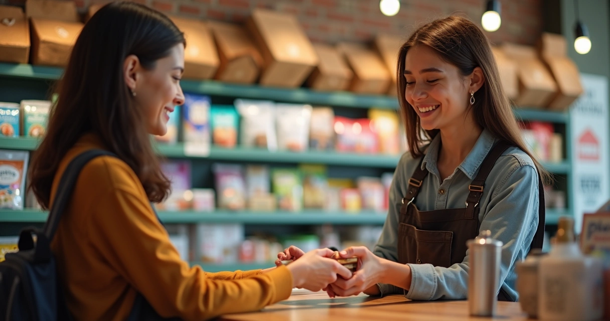 Pessoa devolvendo troco a mais para a vendedora em loja 