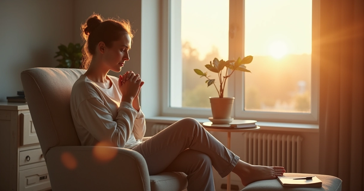 Pessoa sentada refletindo com expressão serena em ambiente acolhedor 