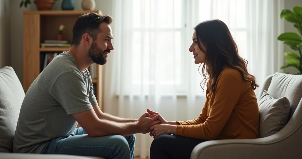 Pessoa sentada falando com outra enquanto compartilha sentimentos com expressão sincera 
