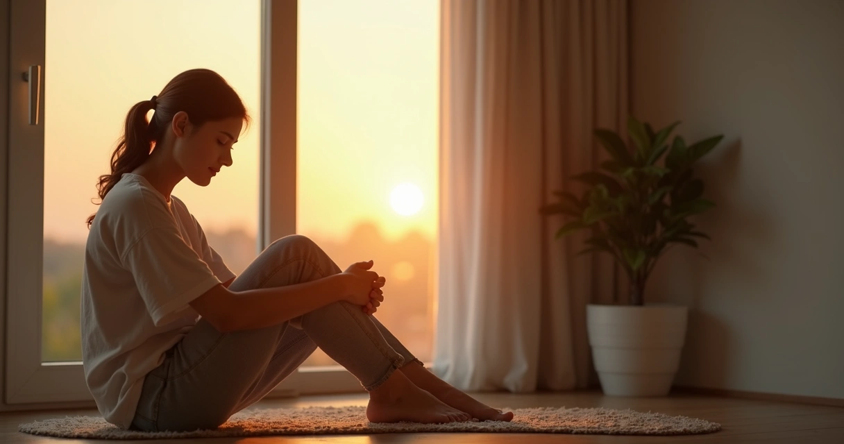 Pessoa sentada perto de janela com luz suave refletindo momento de vulnerabilidade e consciência 