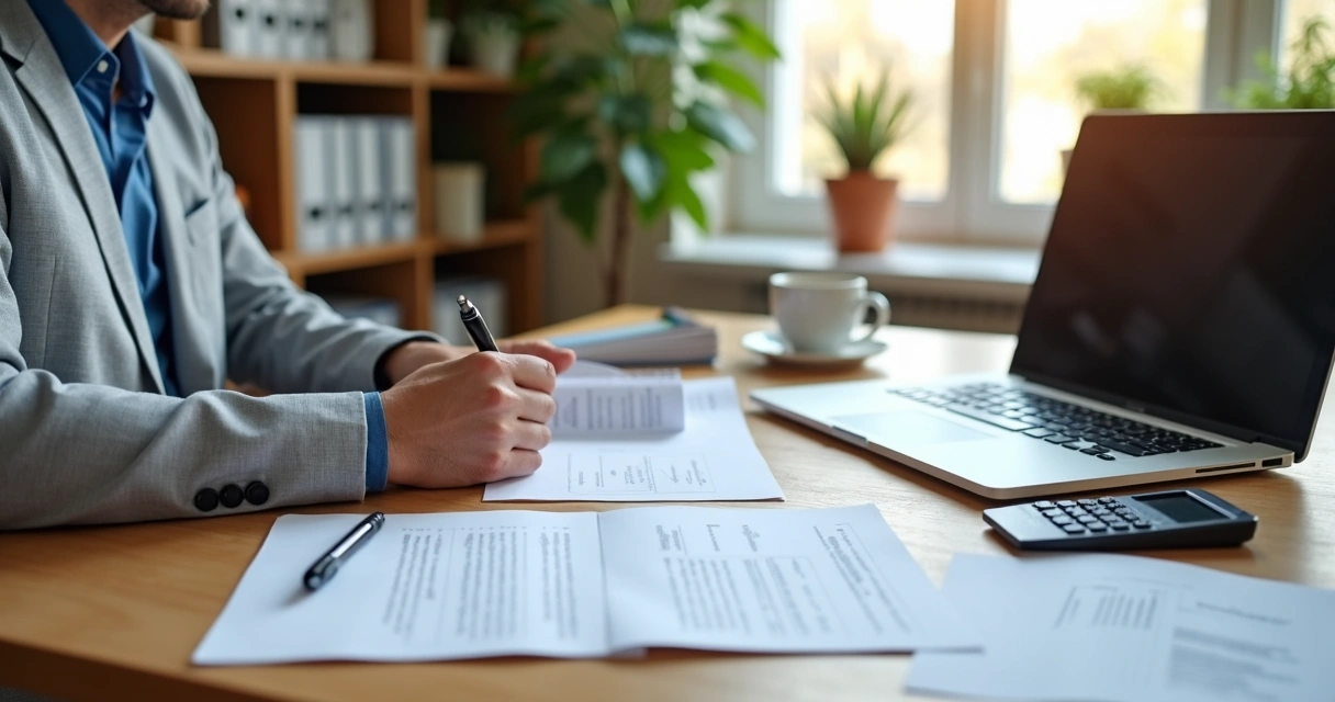 Pessoa organizando documentos legais e editais de imóveis sobre mesa de madeira 