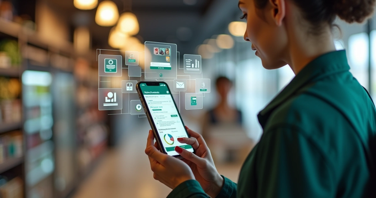 Funcionario de loja interagindo com tela cheia de gráficos de vendas via WhatsApp 