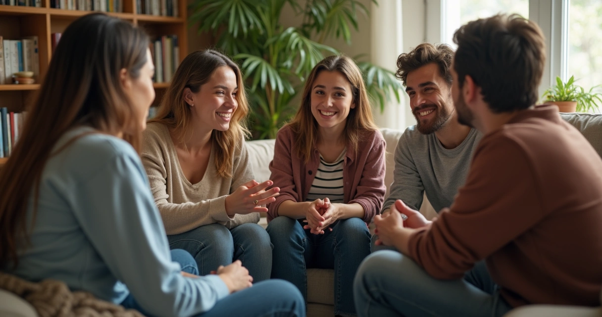 Grupo sentado ouvindo atentamente uma pessoa compartilhando experiências 