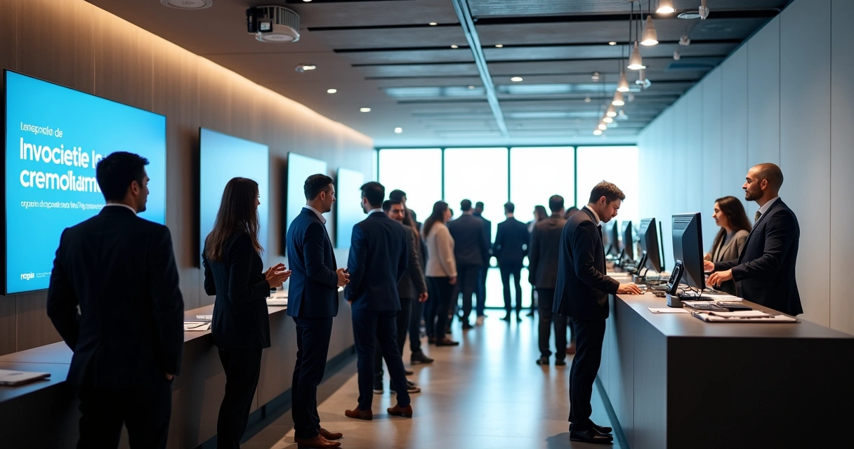 Empresários em fila aguardando seu credenciamento em evento público 