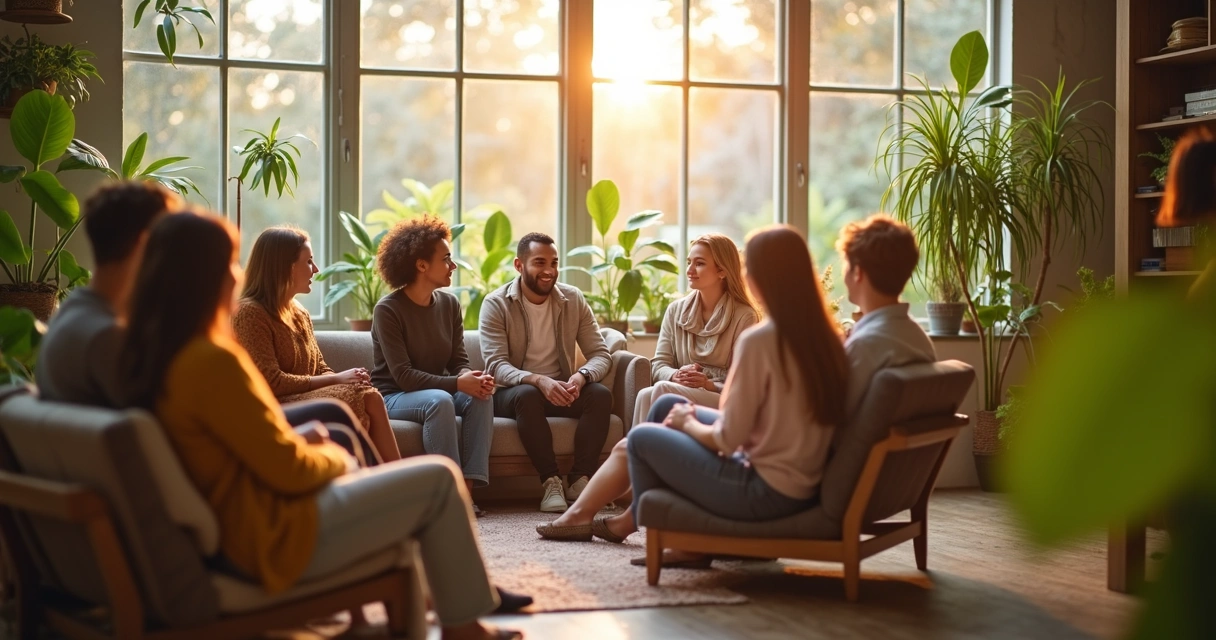 Grupo de pessoas em uma sala clara e agradável, conversando de maneira calma