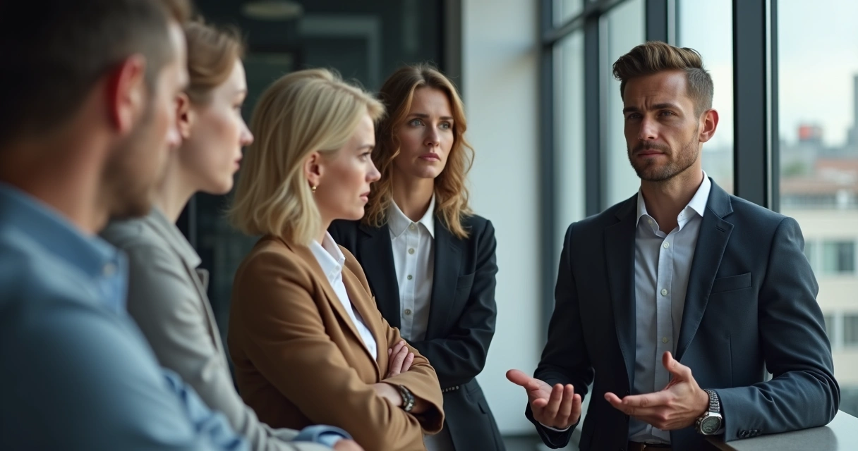 Grupo de pessoas em um escritório, com diferentes expressões e linguagens corporais, mostrando insegurança, confiança e hesitação. 