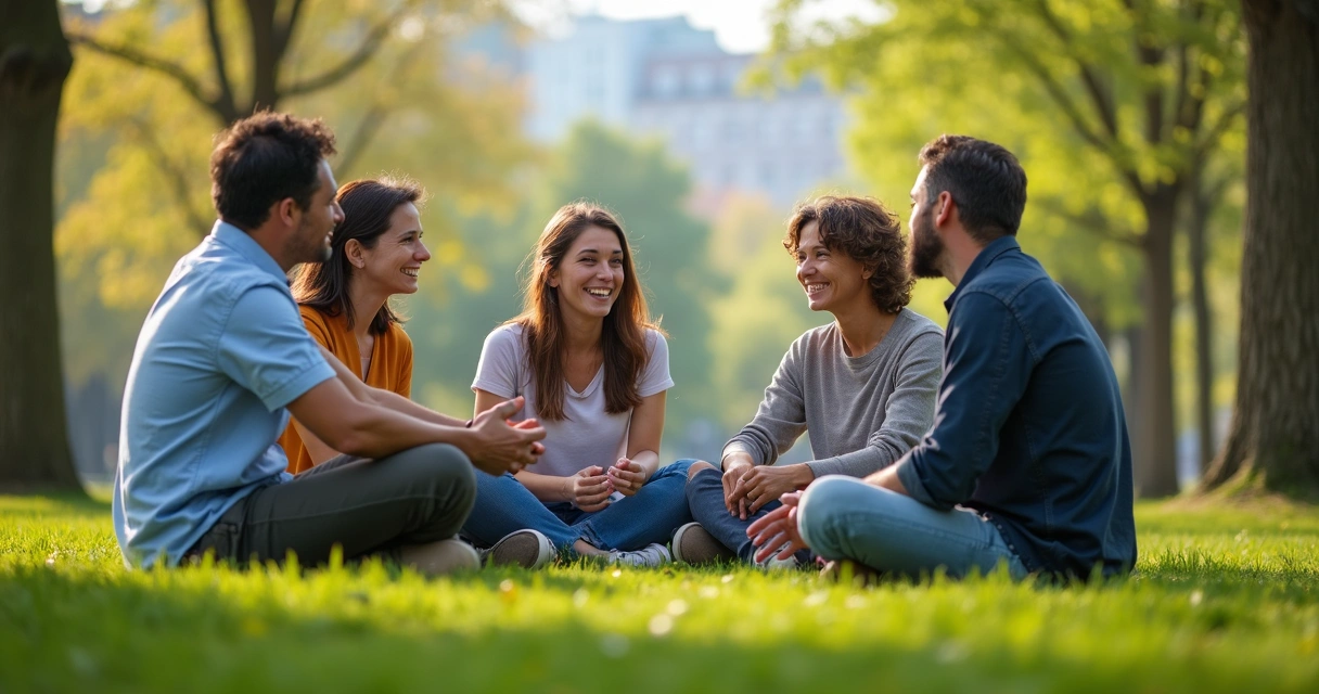 Grupo de amigos diversos conversando em círculo em um parque 