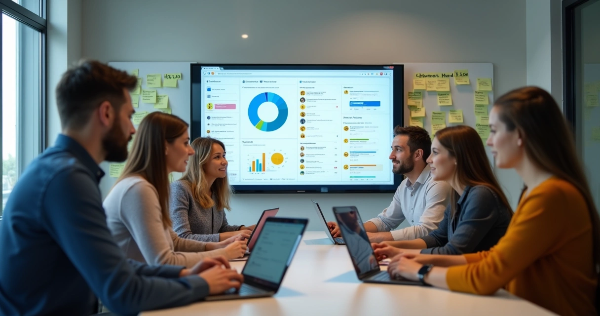 Equipe analisando feedbacks de clientes em computadores 