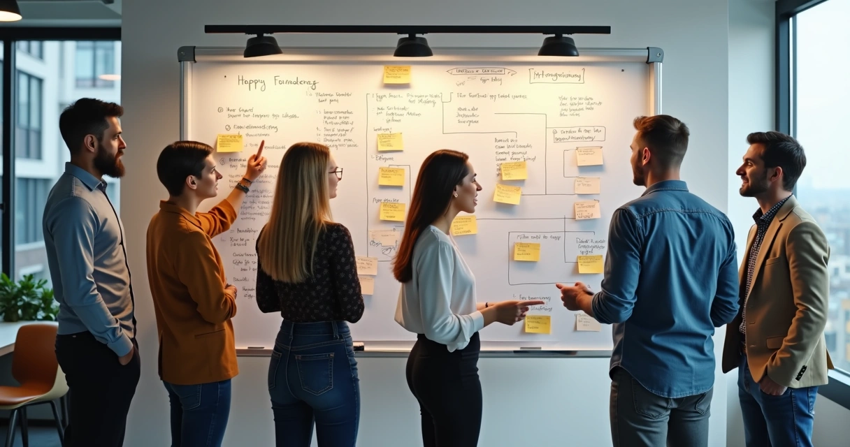 Equipe observando e discutindo um fluxograma em quadro branco