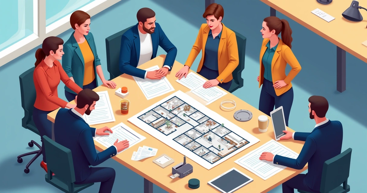 Equipes analisando plantas de projeto de segurança contra incêndio