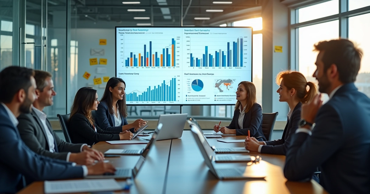 Equipe analisando gráficos na sala de reunião 