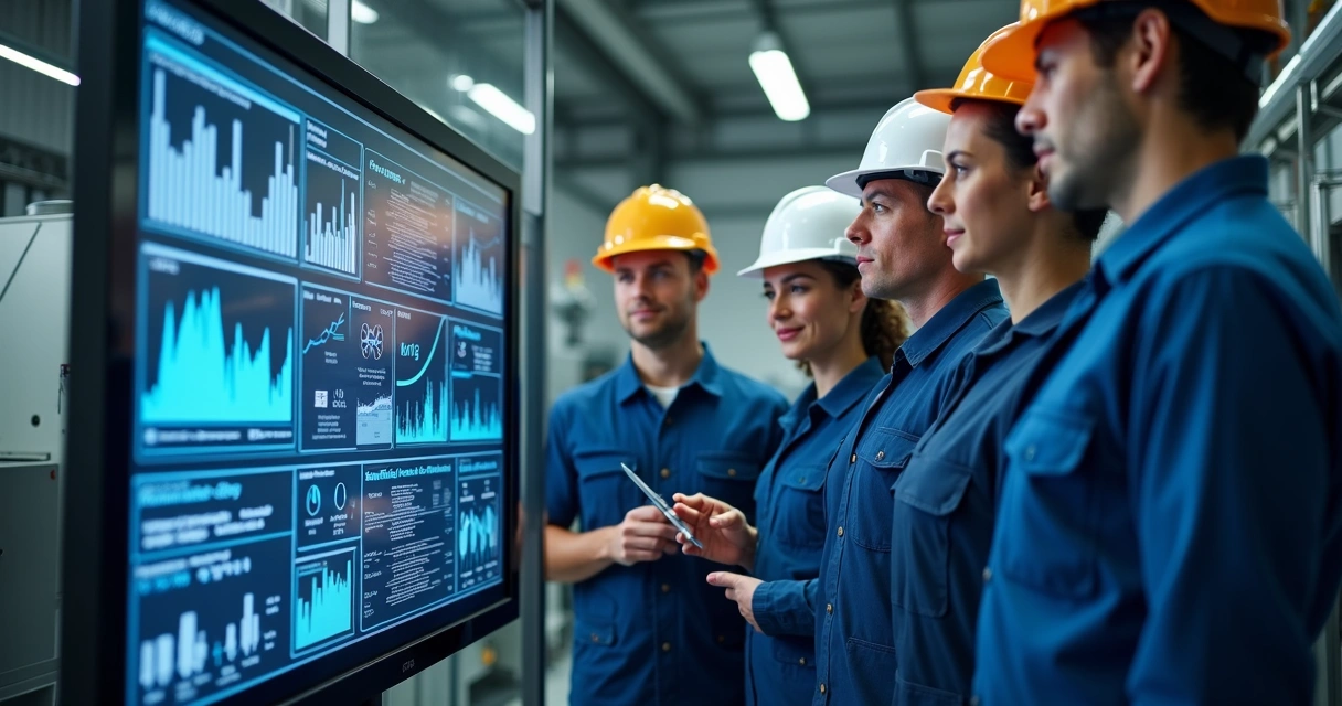Equipe industrial analisando dados em uma tela digital 