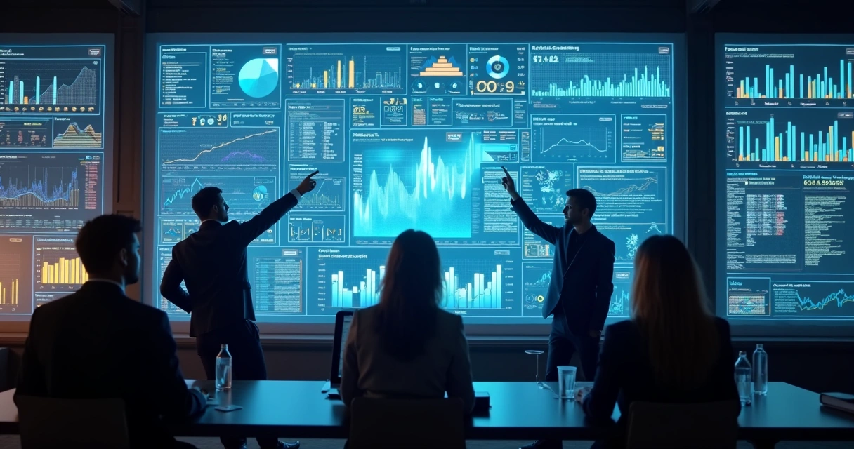 Grupo de pessoas analisando gráficos e dados de mercado em tela grande.
