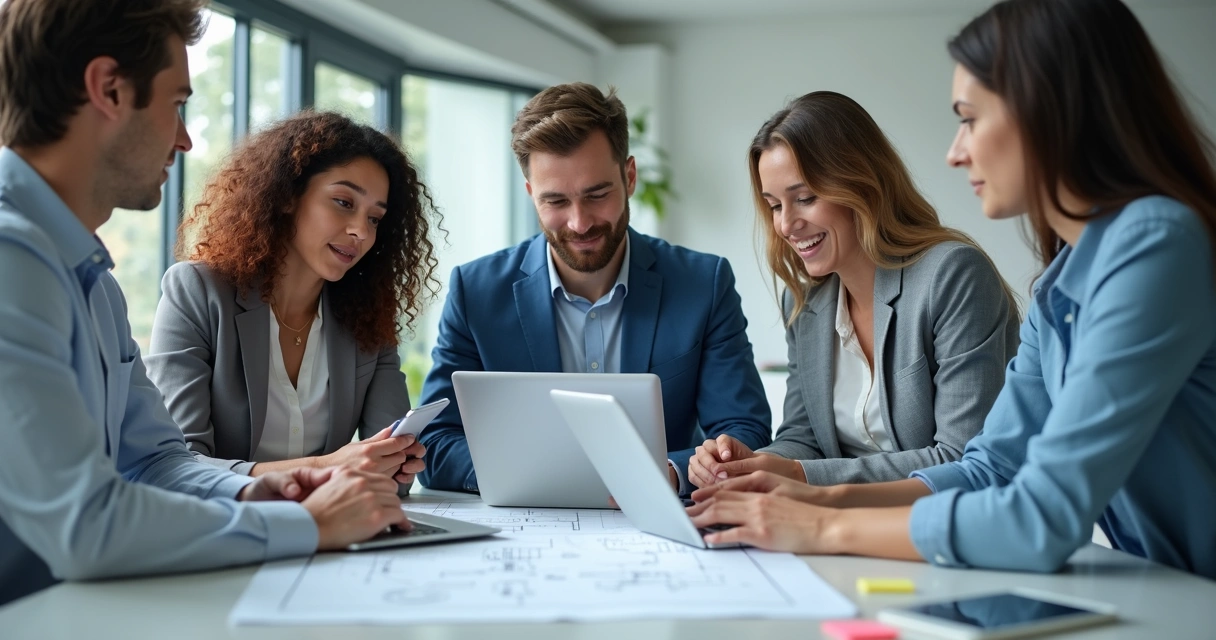 Profissionais avaliando requisitos de software em uma mesa com telas e anotações 