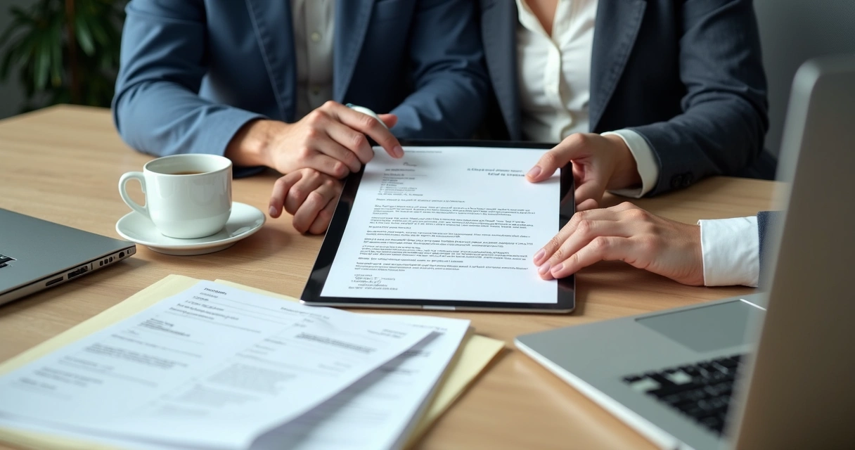 Duas pessoas analisando modelo de carta de cobrança extrajudicial em mesa de escritório