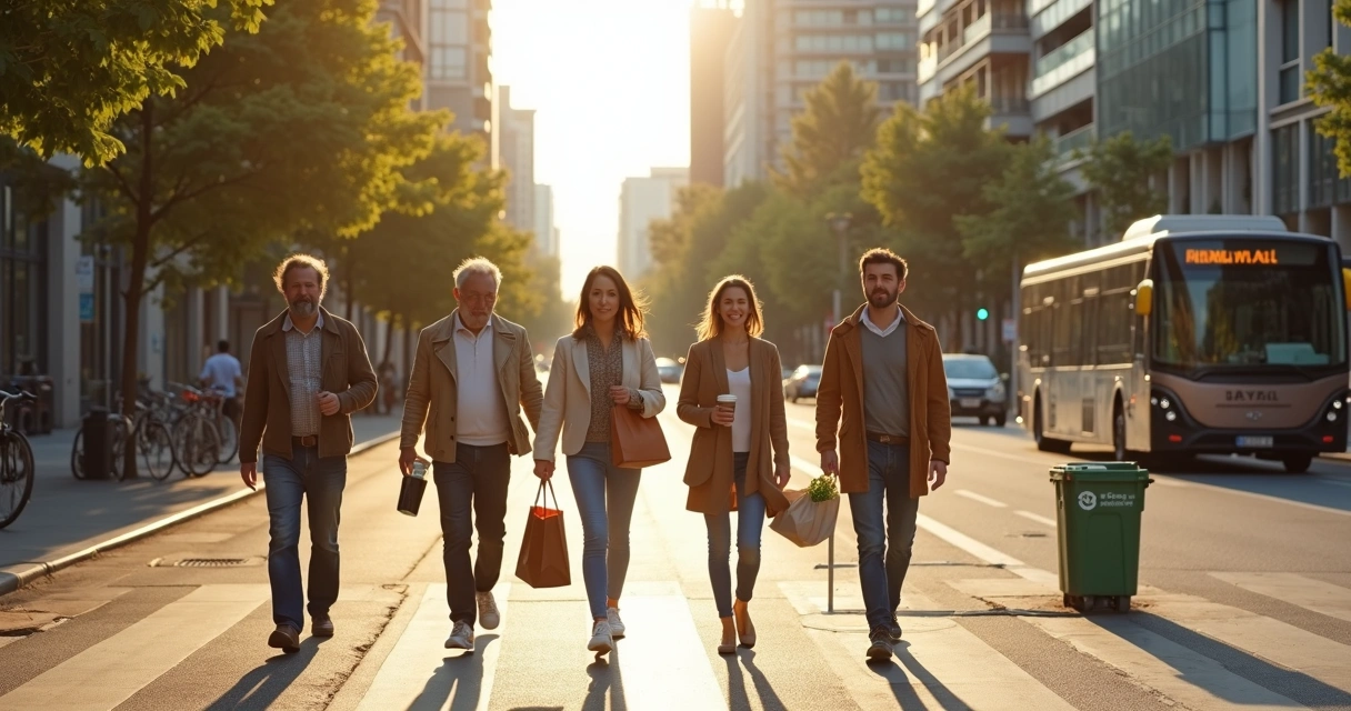 Grupo diverso de pessoas caminhando em faixa de pedestres em grande cidade 