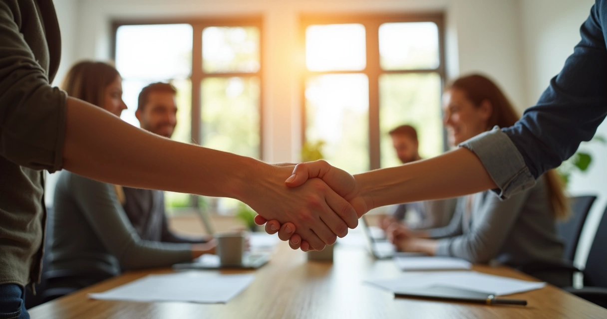 Duas pessoas apertando as mãos em ambiente de trabalho moderno 