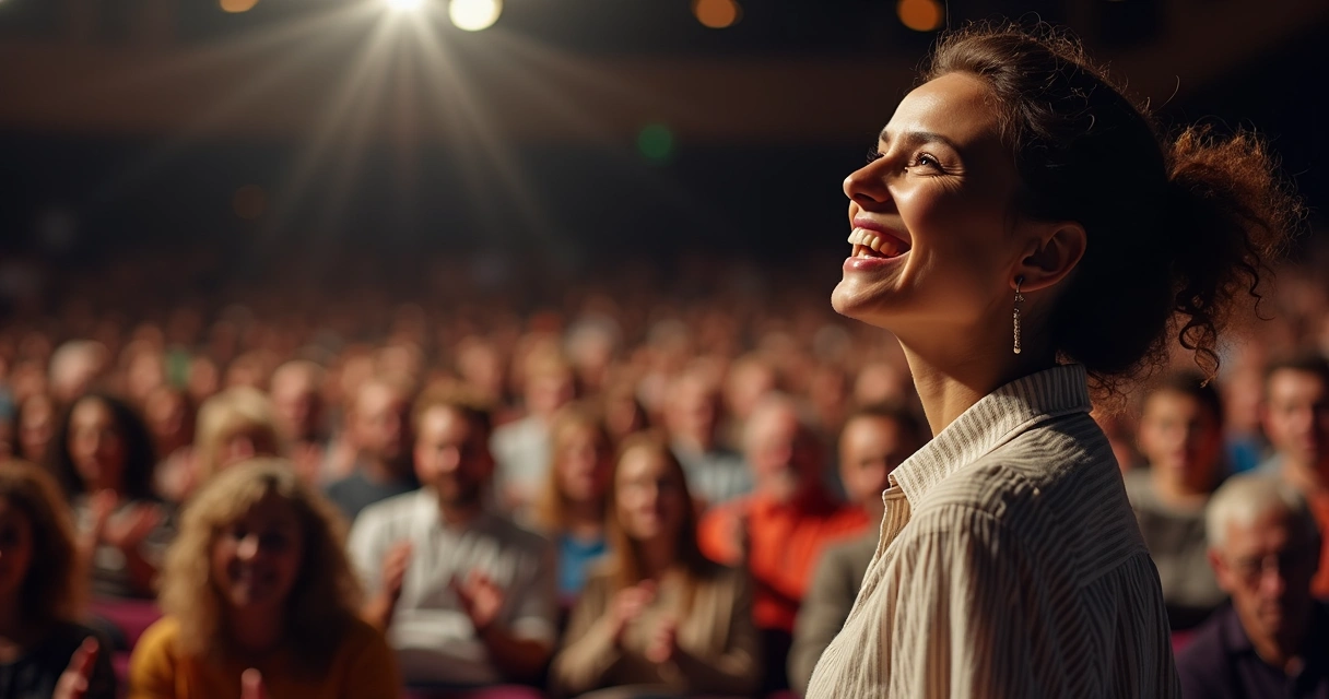 Mulher no palco recebendo aplausos de uma plateia