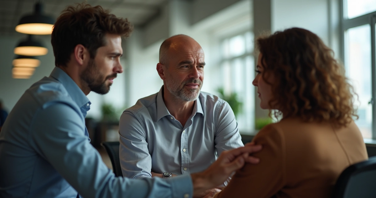 Três pessoas conversando e apoiando um colega com expressão preocupada. 