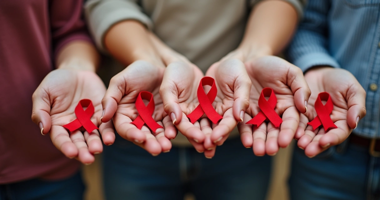 Grupo diverso de pessoas adultas segurando fita vermelha em apoio à prevenção do HIV.