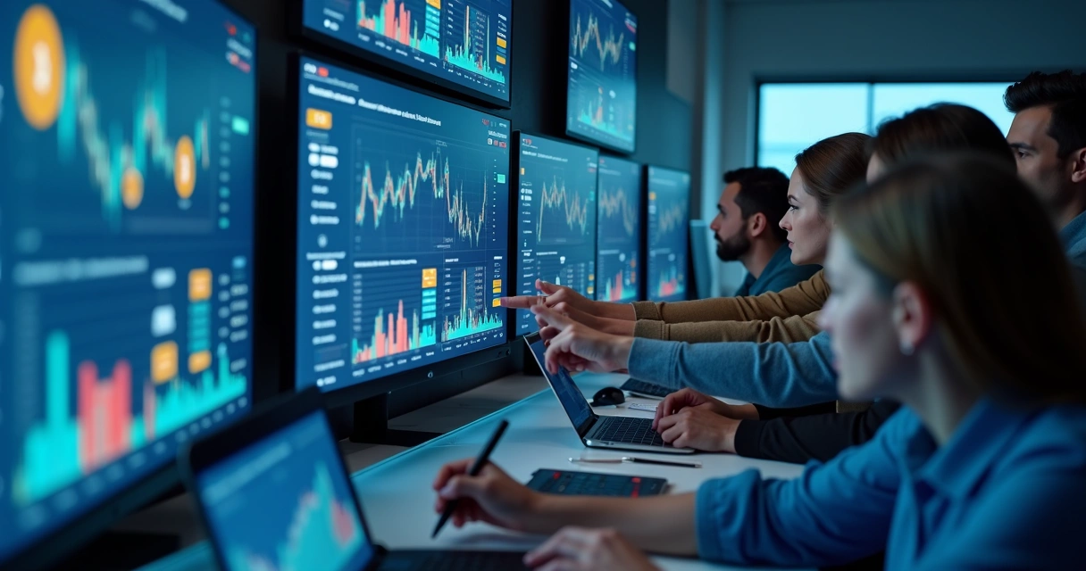 Grupo de pessoas analisando dados e gráficos sobre bitcoin em telas de computadores 