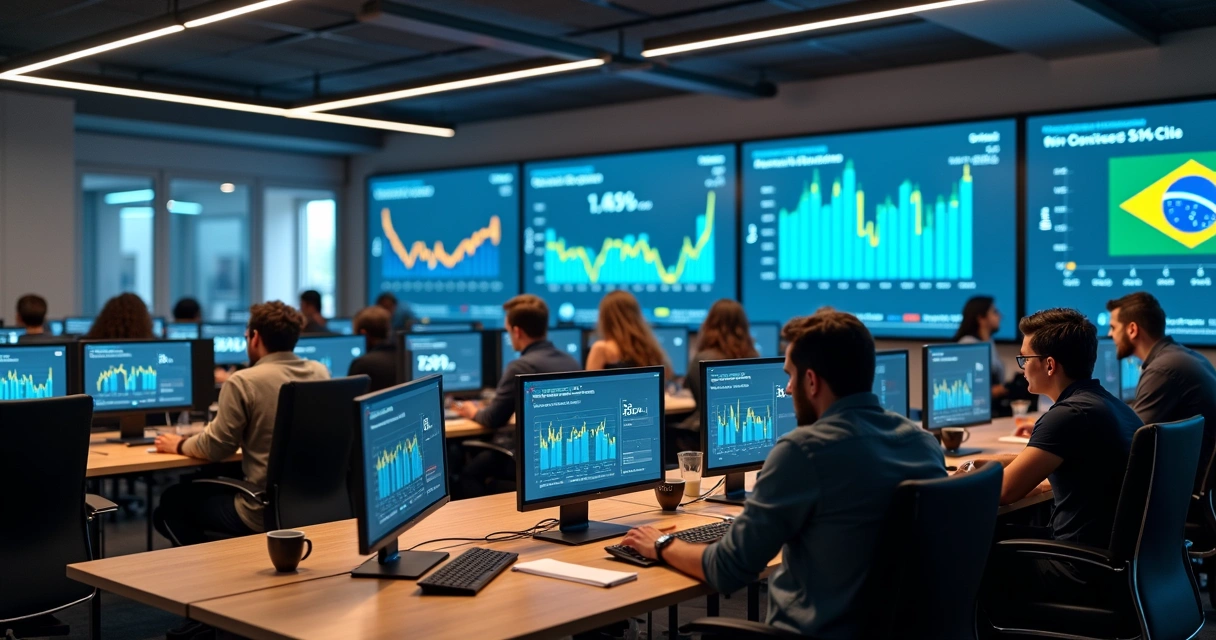 Grupo de pessoas analisando previsões em computadores em uma sala iluminada 