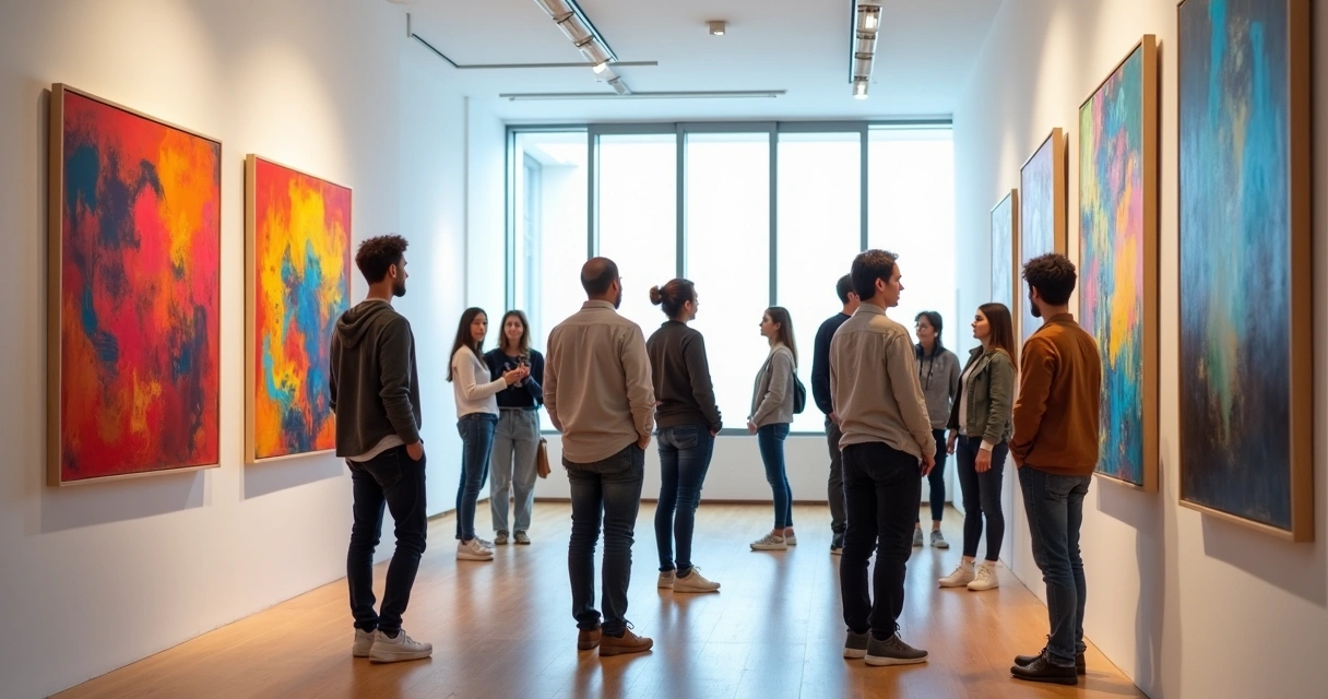 Grupo de pessoas observando obras de arte em uma galeria