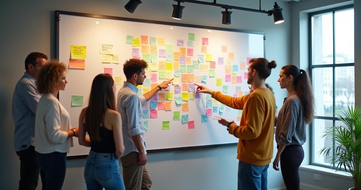 Time reunido analisando mapas mentais e post-its coloridos em quadro branco 