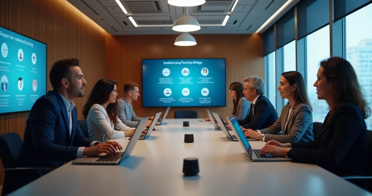 Profissionais assistindo treinamento digital em notebooks em ambiente corporativo. 