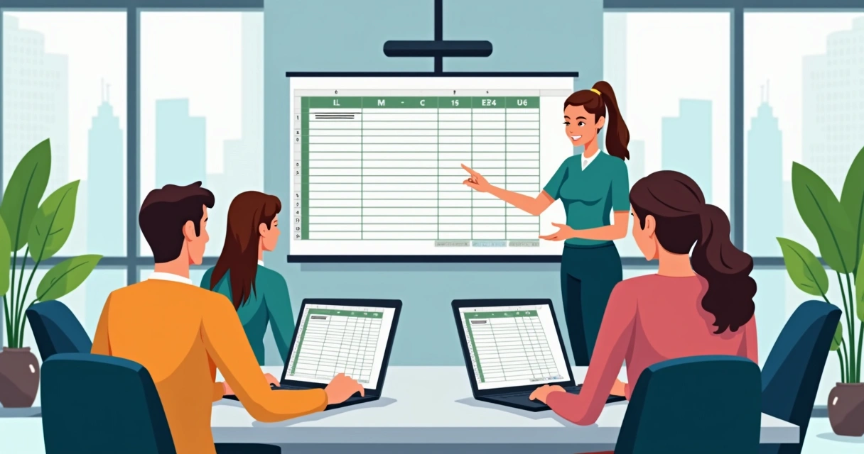 Grupo aprendendo Excel em sala de aula com notebooks 