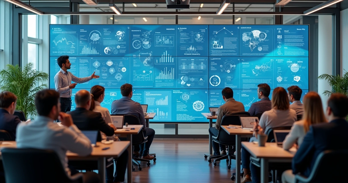 Profissionais em sala de treinamento interativo com gráficos digitais