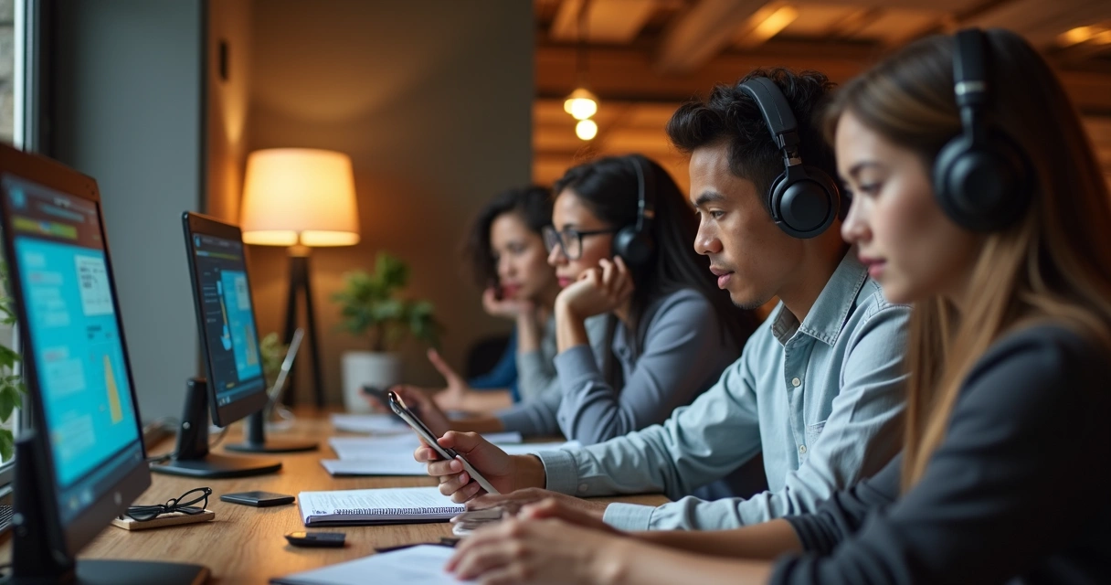 Pessoas em diferentes ambientes estudando em plataformas online em seus aparelhos eletrônicos 
