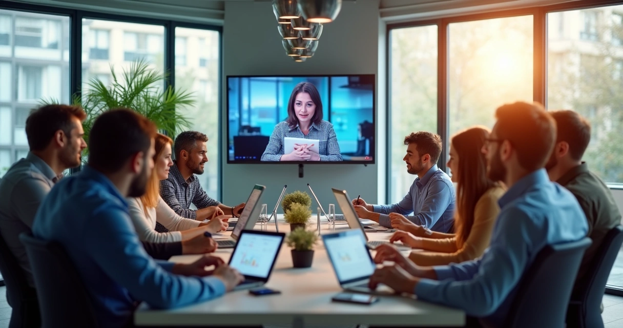 Equipe sentada em círculo em escritório moderno assistindo treinamento online na tela. 