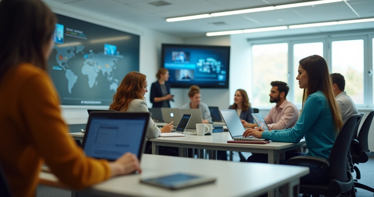 Grupo de pessoas usando notebooks em sala de aula digital 