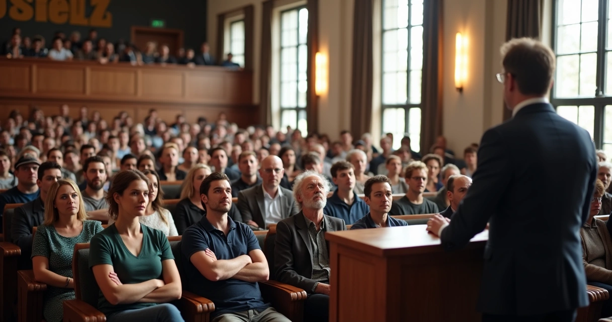 Pessoas sentadas assistindo discurso público