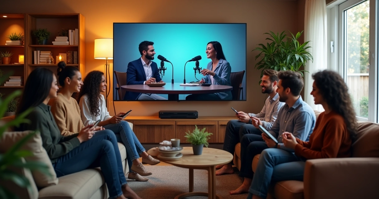 Grupo de pessoas assistindo podcast na televisão em sala de estar moderna 