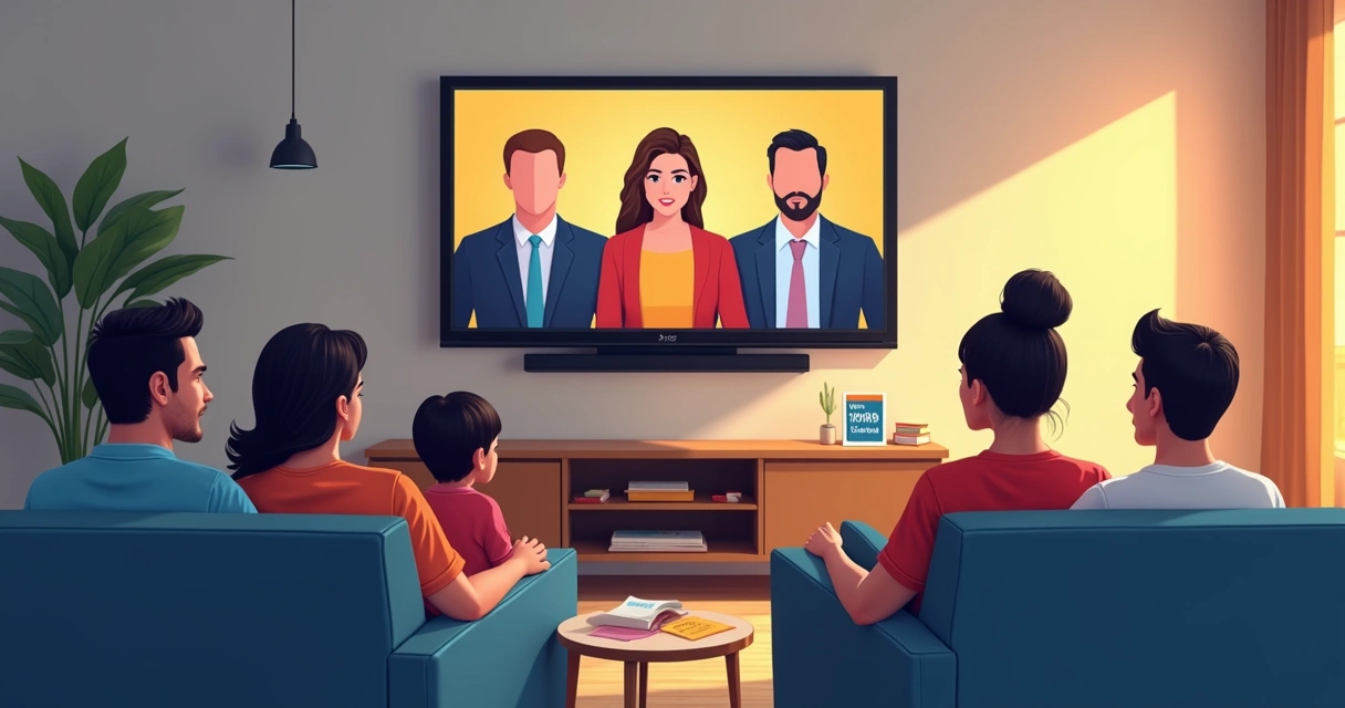 Grupo de pessoas assistindo TV aberta em sala de estar 