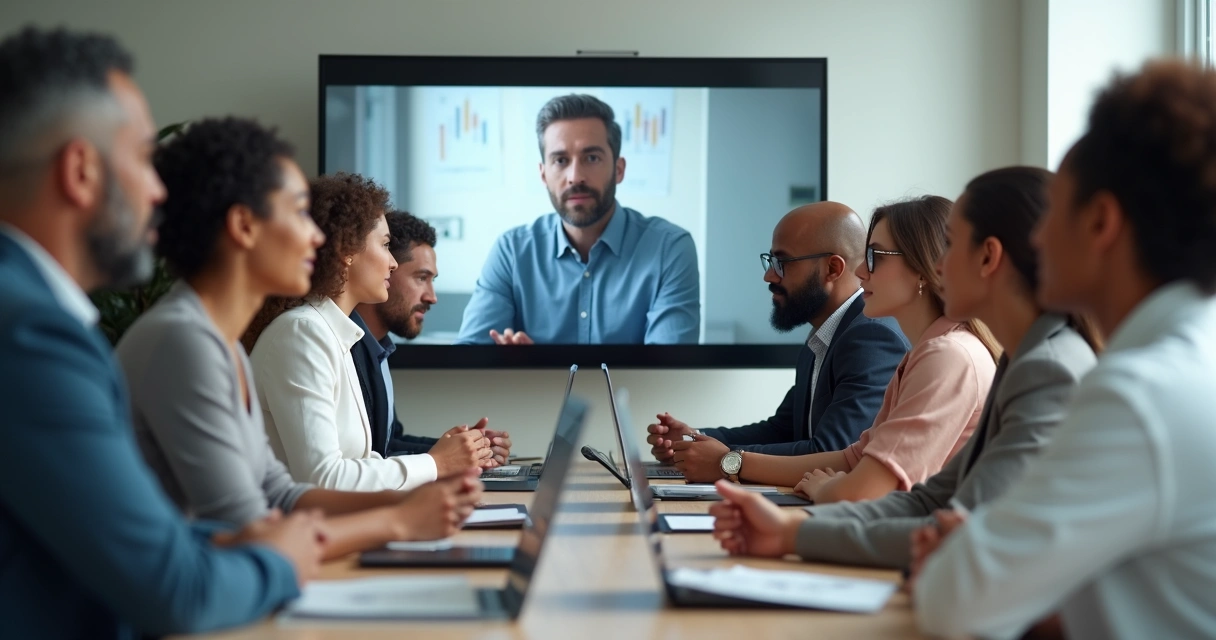 Grupo de pessoas focadas em uma reunião virtual na tela do notebook 