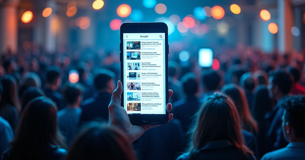 Multidão reunida em torno de celular gigante com redes sociais