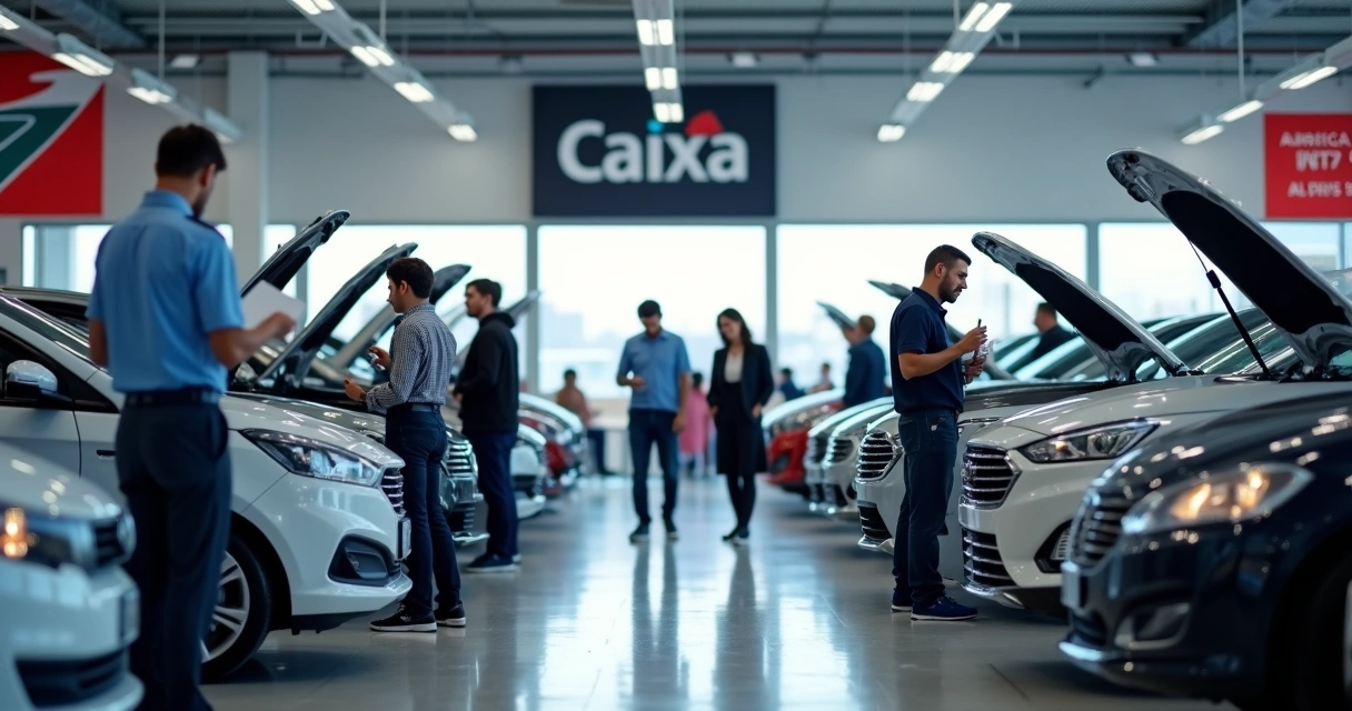 Visitantes analisando carros em fila durante leilão da Caixa 