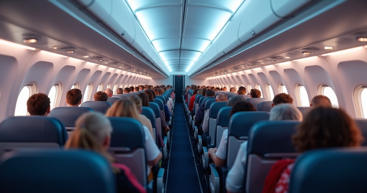 Passageiros sentados em diferentes tipos de assentos de avião, com destaque para janela, corredor e meio