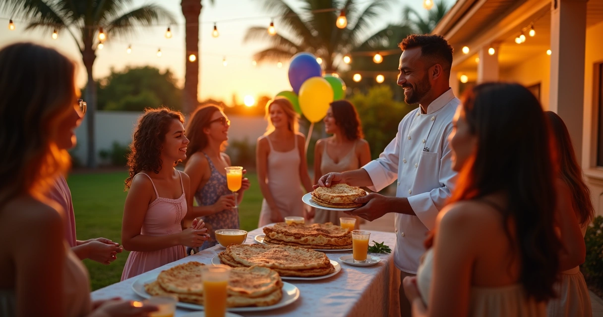 Brasileiros em festa na Flórida, sorrindo e celebrando com crepes 