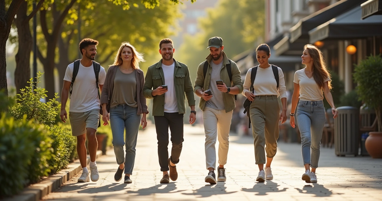 Grupo de pessoas caminhando em calçada arborizada após almoço 