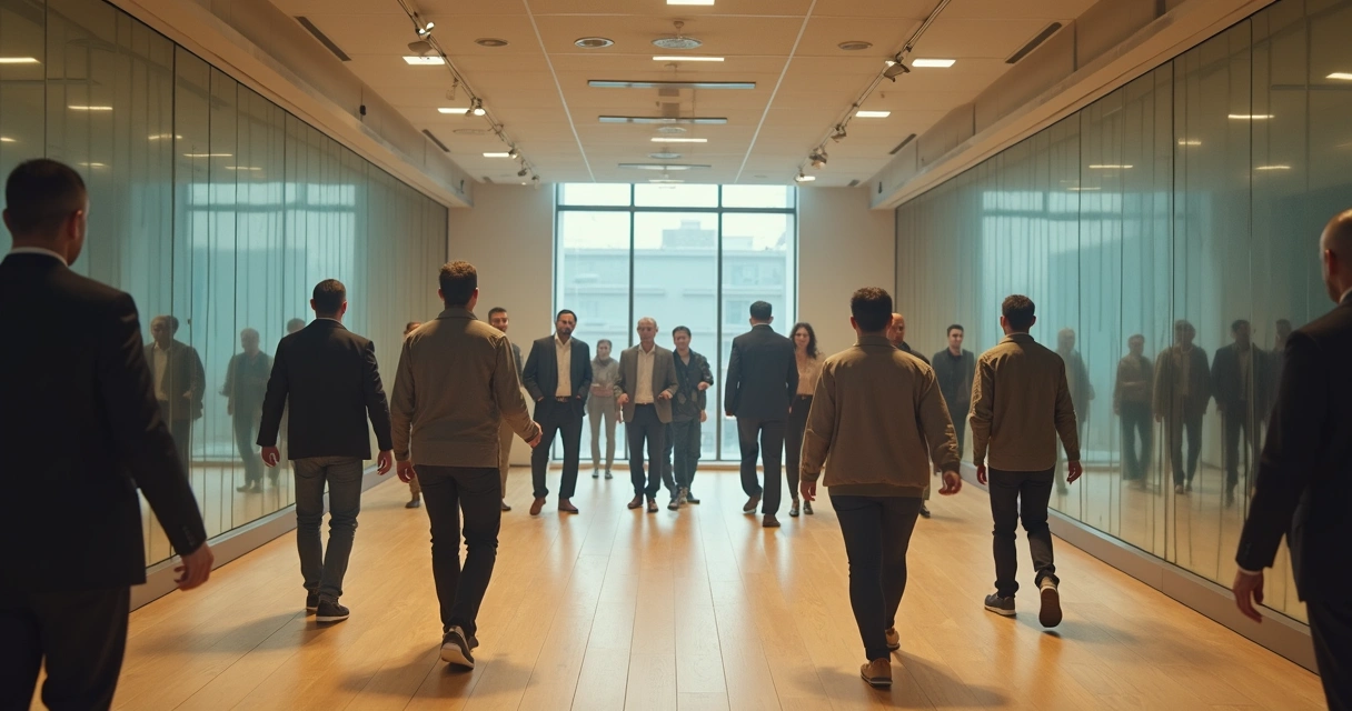 Pessoas caminhando diante de espelhos grandes e luz suave 