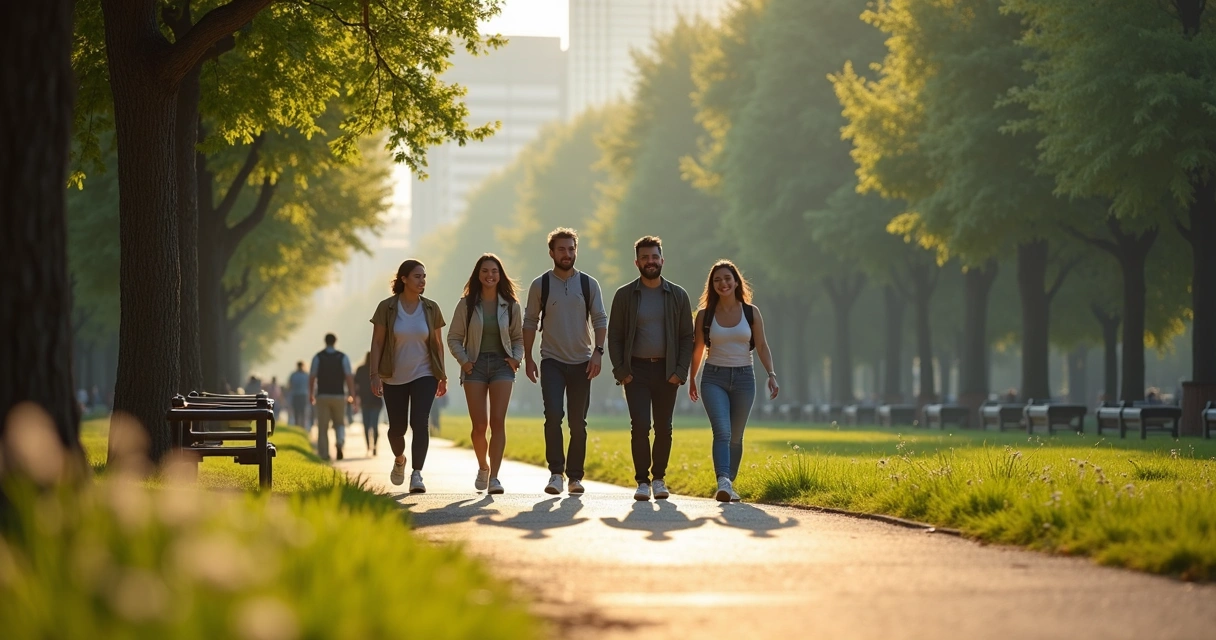 Grupo de pessoas caminhando em parque arborizado com roupas leves 
